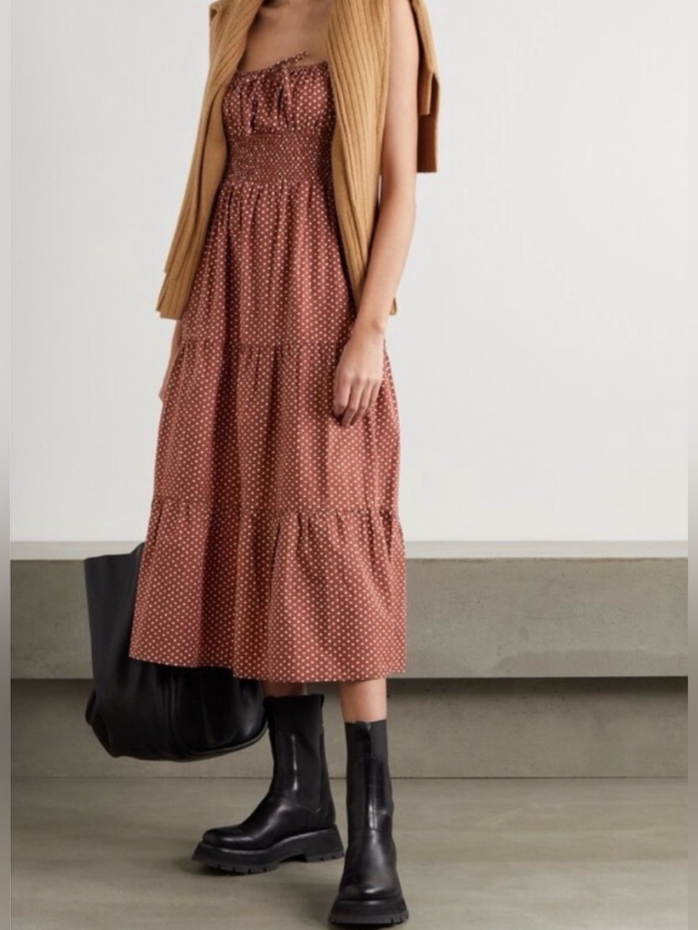 Faithfull the brand smocked Spaghetti Strap Polka Dot Dress in Brown